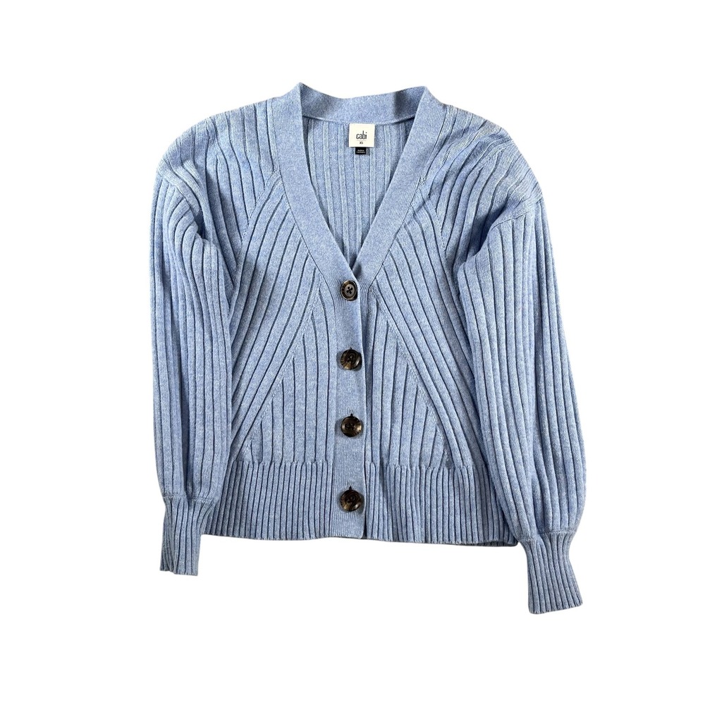 Cabi 5831 Women Blue Ribbed V-Neck Button Front Scenic Cardigan Size XS